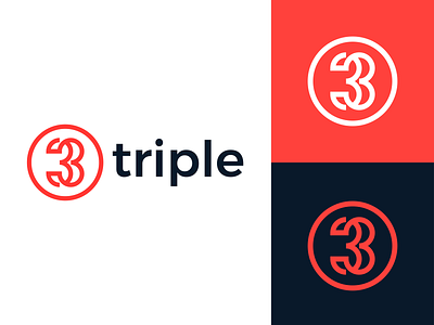 Triple - Number 3 Logo 3 branding icon line art logo logomark logotype mark negative space number red three triple triplet type vector