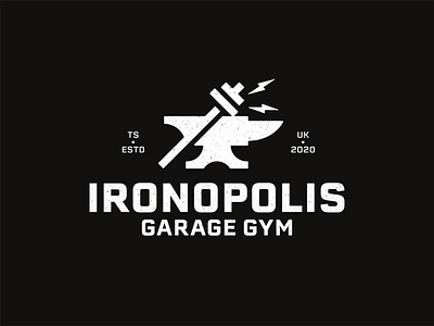 Ironopolis Home Gym Logo anvil branding covid dumbbell gym hammer icon identity illustration line art lockdown logo logomark logotype mark negative space sticker type