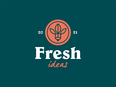 Fresh Ideas - Leaf Pencil Logo branding green icon idea identity innovation leaf line art logo logomark logotype mark negative space orange pencil plant think thoughts type