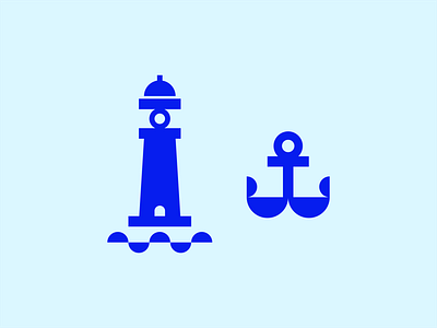 Lighthouse & Anchor anchor blue branding circle geometric icon lighthouse line line art logo logomark mark nautical negative space ocean sea sticker symbol vector waves