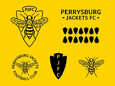 Perrysburg Jackets FC - Brand Toolkit arrow branding crests football icon identity illustration insects logo logomark logotype mark negative space ohio shield soccer sticker vector wasp