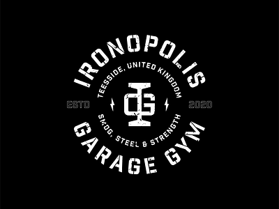 Ironopolis Home Gym Logo - Roundel V2 anvil bolt branding crossfit dumbbell fitness gym hammer icon illustration iron lightning logo mark monogram negative space personal brand shield steel type