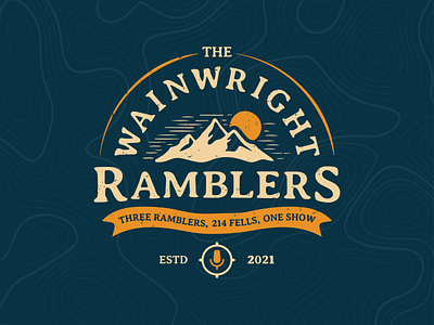 The Wainwright Ramblers Podcast Logo adventure badge brand identity branding crest explore flag icon identity illustration logo mark mountain negative space outdoors podcast ribbon sunrise topography type