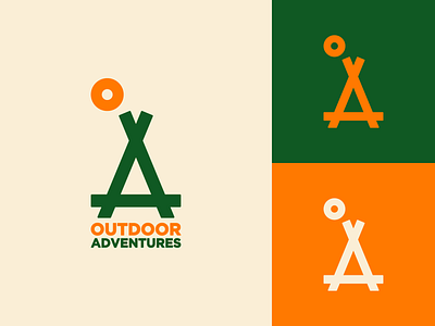 Outdoor Adventures branding camping eco green hiking icon identity line logo mark negative space orange outdoor q seo sun symbol tent type vector