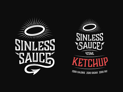 Sinless Sauce *concept 1* branding devil horns halo illustration ketchup label design lettering sauce typography