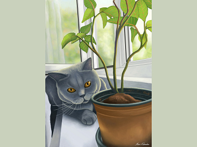 My Best Friend Totoro beautiful day best friend british shorthair cat cozy day cute cat digital art digital illustration girl illustration my cat photoshop plant pot potted plant totoro window