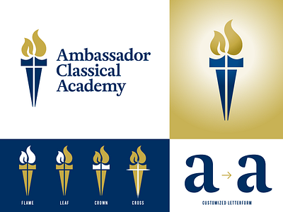 Ambassador Classical Academy Logo christian classic cross crown flame gold icon kingdom logo navy symbol