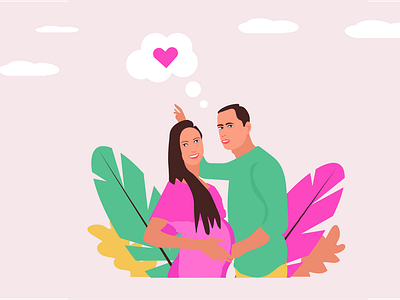 Pregnant woman with husband.  Flat vector illustration.