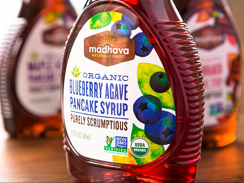 Madhava pancake syrup packaging steve bullock labels illustration watercolor agave blueberry pancakes packaging