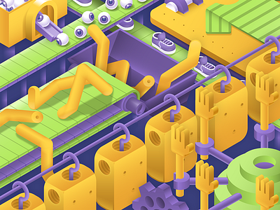 Some Assembly Required assembly body conveyor eyeball factory illustration isometric vector