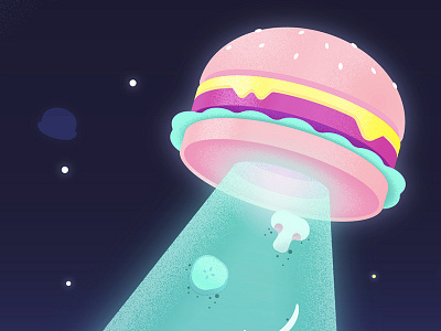 Invasion of the Body Snackers abduction alien food hamburger illustration invasion space texture toppings ufo