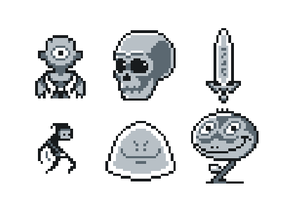 Pixel Practice blob character cyclops fantasy game happy illustration ninja pixel plant quest retro skull slime sword thief