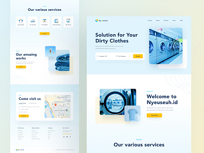 Nyeuseuh.id Laundy Website - Landing Page 3d blue clean clothes dashboad design icon illustration landing page laundry machine map mobile app modern service ui ux wash website yellow