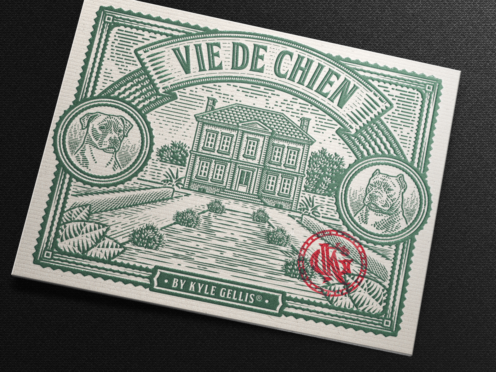 Vie De Chien Illustration (Mockup) cane corso design dog etching house illustration label monogram packaging scratchboard tobacco vintage