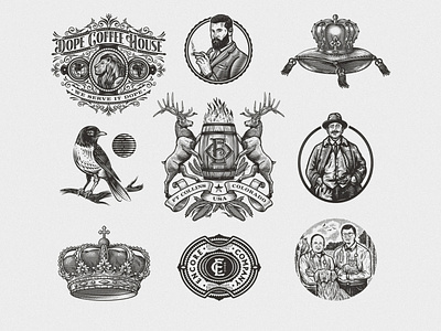 Emblems Set bird crest crown emblem etching illustration lion logo retro scratchboard set vintage