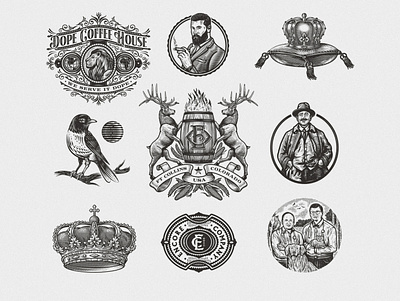 Emblems Set bird crest crown emblem etching illustration lion logo retro scratchboard set vintage
