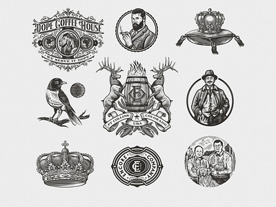 Emblems Set bird crest crown emblem etching illustration lion logo retro scratchboard set vintage