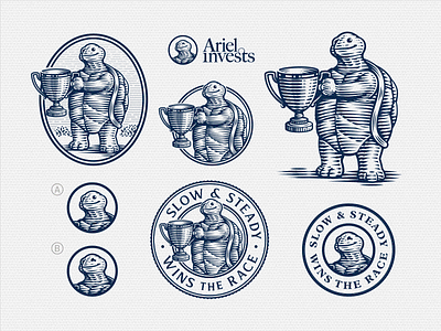 Ariel Invests animal badge branding cup emblem etching illustration invest loving cup redesign retro scratchboard tortoise turtle turtle logo vintage