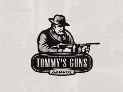 Tommy's Guns armory boss gangster gunstore hat illustration machine gun mafia mob mobster rifle tommy gun
