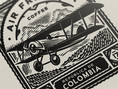 Stamp Close up airplane coffee colombia etching export illustration plane print retro sky stamp vintage