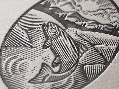 Outdoors emblem fish illustration letterpress mountain nature outdoors retro river seal stamp vintage