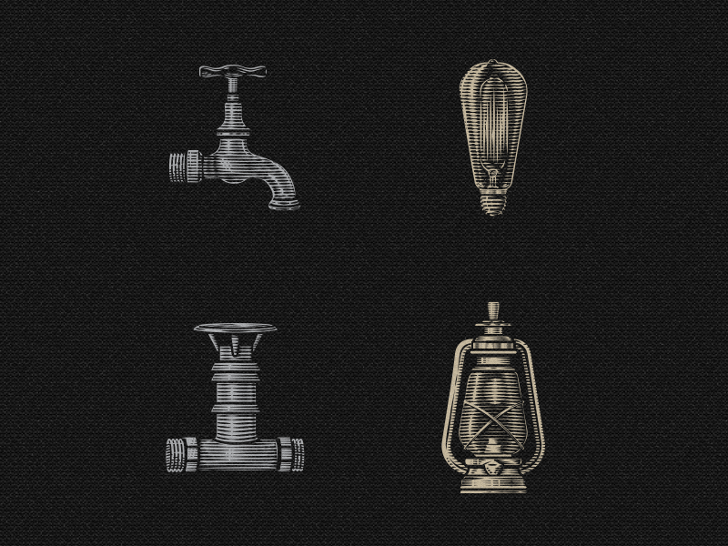 Robinson Pattern Icons bulb electric etching icons illustration lantern light pipe plumbing scratchboard tap vector icons