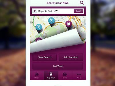 Custom Map Pins & Curl app icons ios location map page curl pins purple search ui ux white