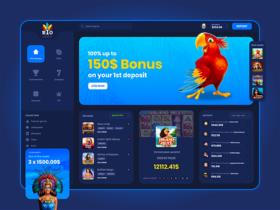 Online Casino - Dashboard blue casino dark design entertainment game online parrot ui ux