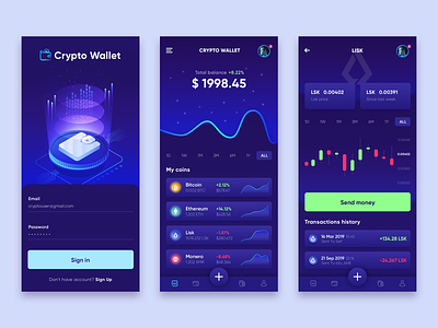 Cryptocurrency Wallet App app blue charts crypto dark design illustration money ui ux wallet