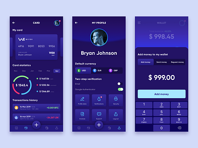 Cryptocurrency Wallet App 2 app blue charts crypto crypto currency dark design money ui ux wallet