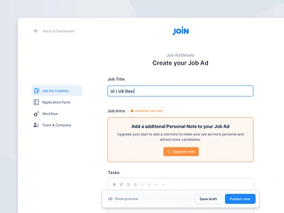 Hiring Platform – Job Ad Creation board creation flow funnel hiring inputs interaction interface intuitive job ad modern clean settings ui ux user interface web app wizard