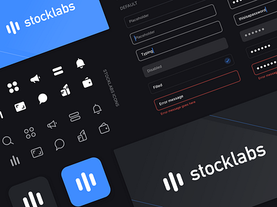 Stocklabs – Brand / Style Sheet brand dark dark ui darkmode elements experience graphicdesign icons inputs interactive minimal modern stocklabs stocks styleguide symbols trading ui user centered ux