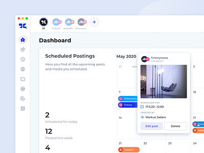 Social Media Management Tool – Dashboard calendar cards dashboard design edit graphs interactive light minimal scheduling social media ui user interface usercentered ux