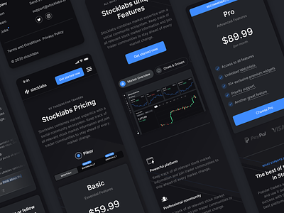 Stocklabs – Mobile Web Screens analytics cards clean dark mode features finance graph interactive minimal mobile mobile ui modern pricing stocklabs stocks tabs ui ux web app
