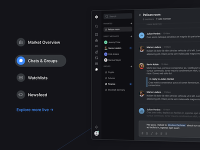 Feature Section Detail – Stocklabs analytics chats dark dark mode feature graphs live demo market minimal modern newsfeed section stocklabs stocks tabs ui ux watchlist web app webdesign