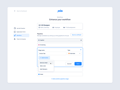 Automated Actions – Workflow automation clean hiring interaction job creation join light management minimal modern pipeline sleek stages ui usability user experience ux workflow