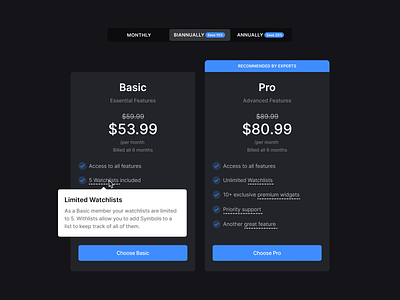 Stocklabs – Pricing Cards benefits cards clean dark mode discount memberships minimal models modern pricing recommendation simple stocks subscription switcher toggle tooltip ui user interface ux