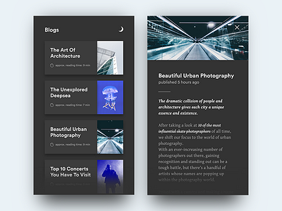 Blog - Interface Concept Nightmode app blog cards clean dark interface ios journal minimal sleek ui ux