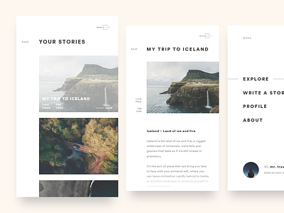 EXPLORY – Story App app blog cards clean interface ios journal light minimal sleek ui ux