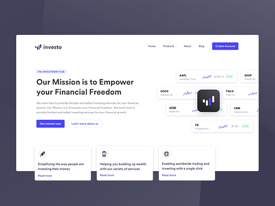 Investment Platform Landingpage clean dark fintech illustration investment light minimalistic modern sleek stocks ui ux