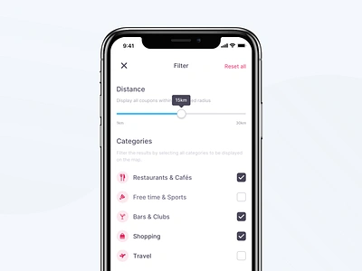 Coupon App – Map Filter categories checks coupon filter ios light map minimal mobile simple slider ui user experience ux