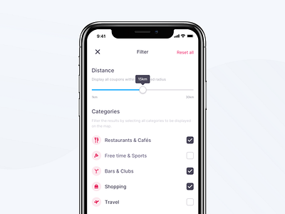 Coupon App – Map Filter categories checks coupon filter ios light map minimal mobile simple slider ui user experience ux