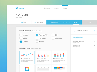 Aerial Report Flow analytics builder dashboard onboad onboarding step template tour