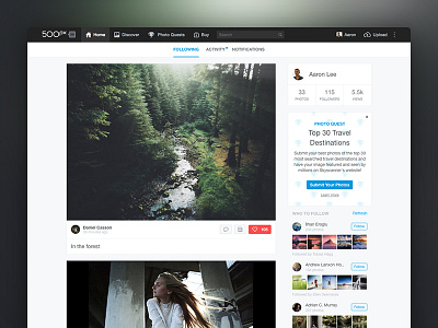 500px Logged-in Home 500px feed home landing page layout onboarding photography ui ux web
