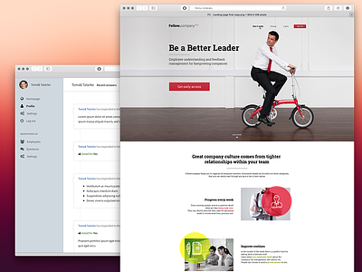 Follow.Company bicycle company corporate flat folow landing leader red suit webdesign