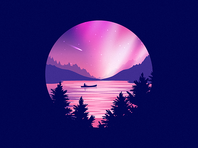 Boat ride under the stars dribbble illustration lake landscape purple