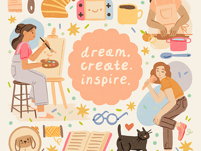 Dream, create, inspire. artist character cooking creative life creativity dance dream girl hobby illustration inspiration ipad ipadpro lettering painting procreate sing typography woman