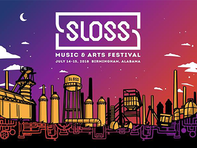 Sloss Music & Arts Festival Poster Illustration city dusk festival gradient illustration line art music festival night poster design skyline water tower