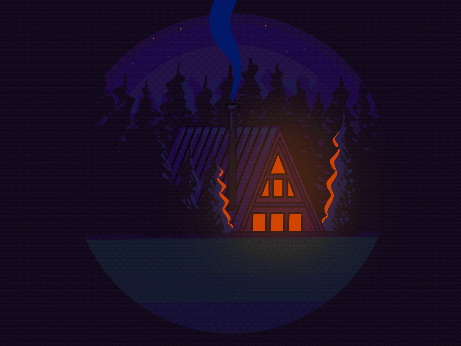 Midnight cabin cabin fire graphic design illustration ipad lakeside night pine trees procreate