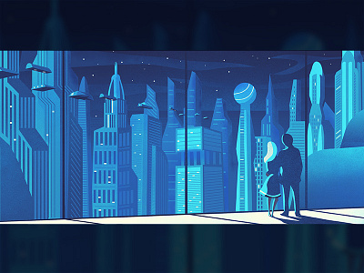 Selenium City blue city couple flying cars future illustration night